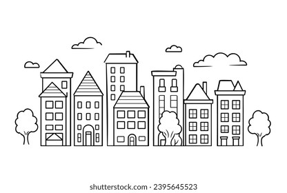 black white vector cityscape skyline sketch, City landscape. Line urban backdrop, Outline graphic