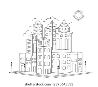 boceto de paisajes urbanos de vector blanco negro, paisaje de la ciudad. Fondo urbano de línea, gráfico de esquema
