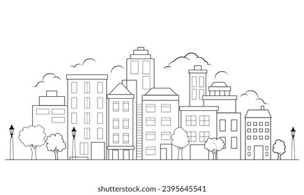 black white vector cityscape skyline sketch, City landscape. Line urban backdrop, Outline graphic