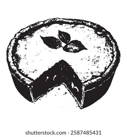 black and white vector of a classic homemade pie with a slice cut out and decorative leaves on top. vintage-style bakery illustration perfect for food-related designs