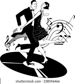 Black and white vector clip-art of a couple dressed in 1920s fashion dancing charleston