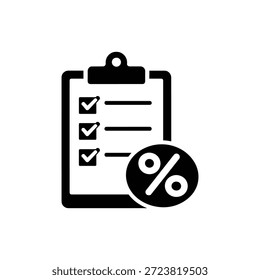 Lista de verificación de Portapapeles de Vector en blanco y negro con ícono de símbolo porcentual para descuentos en tiendas y planificación de ventas promocionales