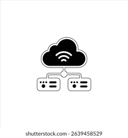 Black and white vector of a cloud with a Wi-Fi symbol connected to two server blocks, representing cloud computing, web hosting, and remote server access.