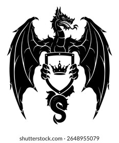 Black and white vector coat of arms with dragon wyvern on the background and crown inside the shield.