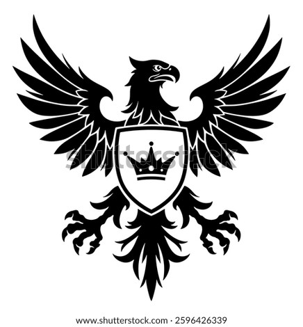 Black and white vector coat of arms with eagle on the background and crown inside the shield.