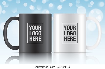 Black and white vector coffee mug templates isolated on a blue bokeh background. Vector mug mockups for your design.