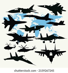 siluetas de colección de vectores en blanco y negro de aviones militares. Avión, helicóptero.