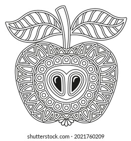 Black and white vector coloring book page for adults. Contour Apple fruit in a mandala style
