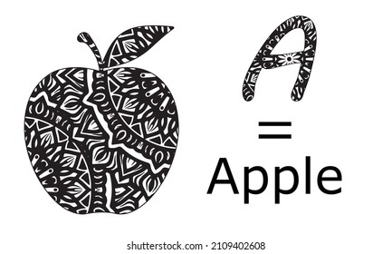 Página del libro de colorear vectoriales en blanco y negro para adultos. Contemplar el fruto de Apple en un estilo mandala.Letra alfabeta A para Apple Illustration.a para manzanas.