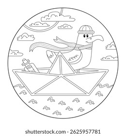 Black and white vector coloring book illustration of a cute seagull in a paper boat wearing scarf and hat