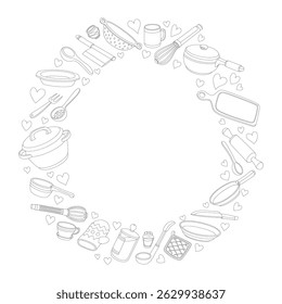 Black and white vector coloring book illustration of kitchen utensils and hearts in a circular frame