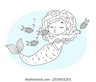 Black and white vector coloring for children. Illustration of beautiful girl mermaid