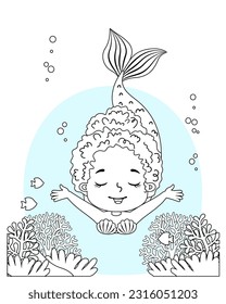 Coloración vectorial en blanco y negro para niños. Ilustración de una hermosa sirena
