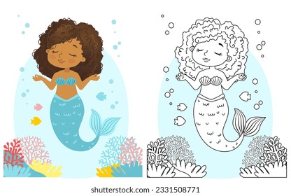 Black and white vector coloring for children. Illustration of beautiful girl mermaid african american ethnicity