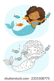 Black and white vector coloring for children. Illustration of beautiful girl mermaid african american ethnicity