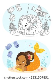 Black and white vector coloring for children. Illustration of beautiful girl mermaid african american ethnicity