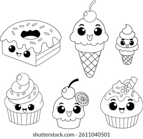 Black and white vector coloring page template featuring cute cartoon desserts including cupcakes