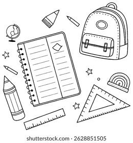 Black and White Vector Coloring Worksheet with School Supplies for Kids