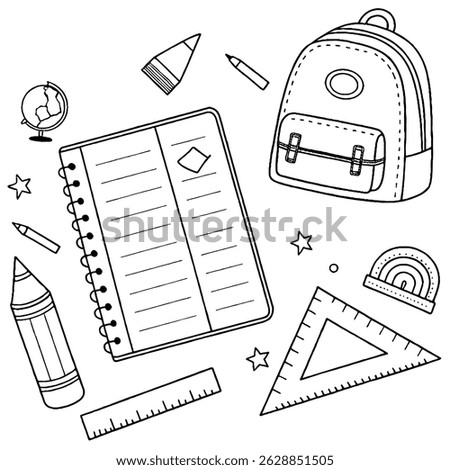 Black and White Vector Coloring Worksheet with School Supplies for Kids