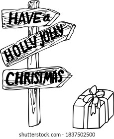 black and white vector coloured page for kids. Snowman, gift box and christmas indication sign for colouring. Hand drawn christmas icon.  Colouring page for therapy.