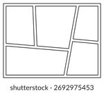 Black and white vector comic book page layout template with five different empty panels. Clean and versatile graphic element for comic art, graphic novels, cartoons, and visual storytelling projects. 