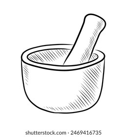 BLACK AND WHITE VECTOR CONTOUR DRAWING OF A MORTAR WITH A PESTLE