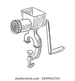 BLACK AND WHITE VECTOR CONTOUR DRAWING OF A MANUAL MEAT GRINDER