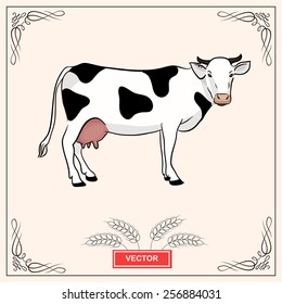 Black and white vector cow. Vector  hand drawn design template. Farm Logotype concept icon. Vector image of a standing cow isolated.