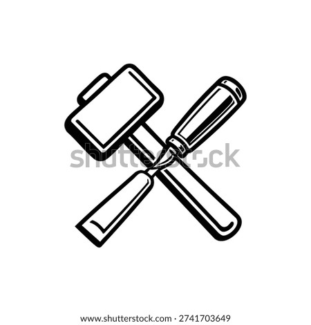 Black and white vector crossed hammer and chisel carpentry hand tools illustration