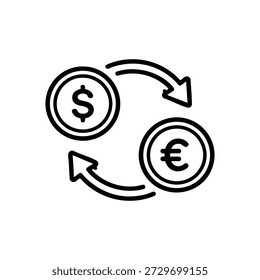 Icono de intercambio de criptomonedas en Vector blanco y negro con monedas en dólares y euros y flechas circulares de blockchain