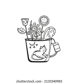 Black and white vector cup of tea with bouquet of flowers inside and hanging outside teabag. Black and white tea mug decorated by print with cat and sun. Appropriated for color book.