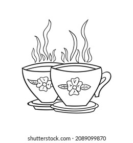 Black and white vector cups of coffee and tea for coloring page illustration, flowers background,