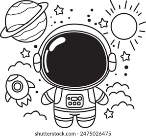 Vector blanco y negro lindo astronauta de dibujos animados