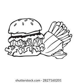 Black and white vector of a cute cartoon-style burger