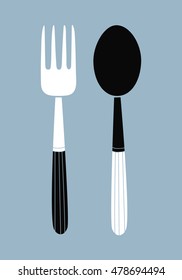 Black and white vector cutlery on green background. Doodle kitchen elements. Fork and spoon