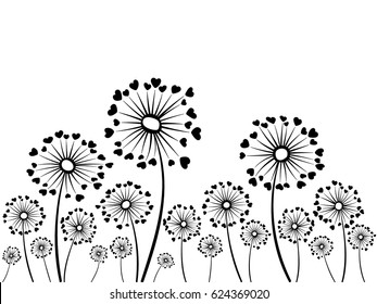 Black and white vector dandelion herbs. Floral background design with taraxacum plant. Blow ball flower with heart shaped feather illustration. Print, ornament, decoration.