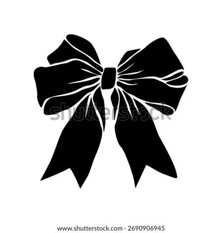 Black and white vector of a decorative bow tie with flowing ribbons, glossy folds, and sharp white outlines, minimalist high-contrast silhouette, classic symmetrical design