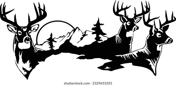 black and white vector deer landscape drawing, suitable for metal and wood cutting