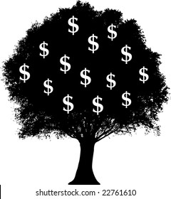 A black and white vector depiction of a money tree