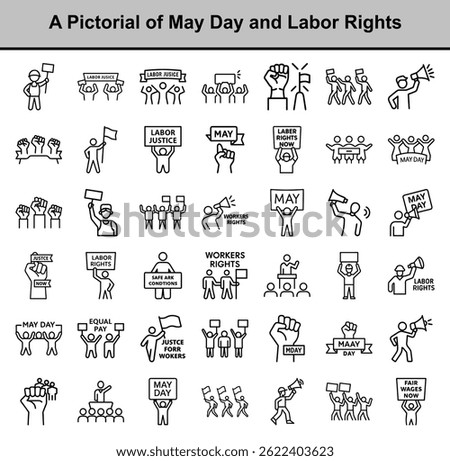Black and white vector depicts labor movement icons, including crowds, raised fists, and banners advocating worker's rights and justice.