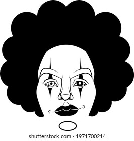Black and white vector design of afro clown face.