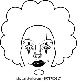 Black and white vector design of afro clown face.