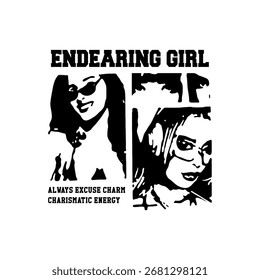 Diseño de Vector en blanco y negro con una chica encantadora