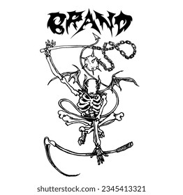 diseño vectorial blanco y negro, dibujo de un demonio con su arma de muerte. muy adecuado para los fines de mercadería de ropa o similares.
