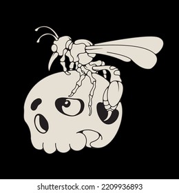 black and white vector design, human skull and bee. very suitable for use for clothing merchandise.