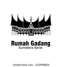 Black and white vector design illustration of traditional house text Rumah Gadang West Sumatra.