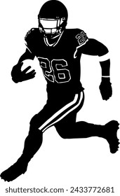 Black and White Vector Design Illustration of Rugby Player Running with Ball