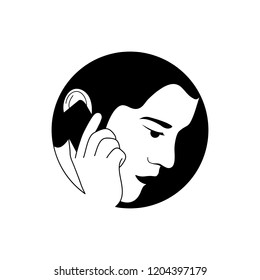 Black and white vector design of a man with a smartphone. Side view. Image shape is round, appropriate to serve as icon. 