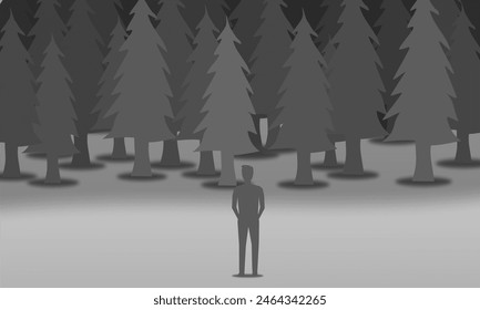 black and white vector design of a man standing in front of a dark scary forest