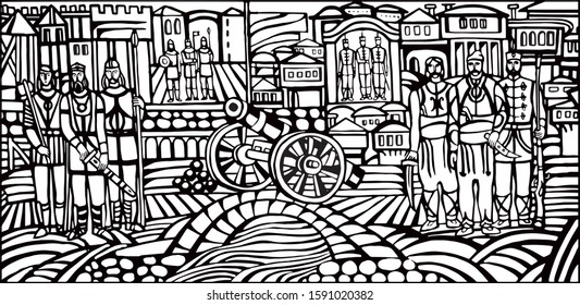 Black and white vector design with old battle field. For coloring, for card anf gift. 